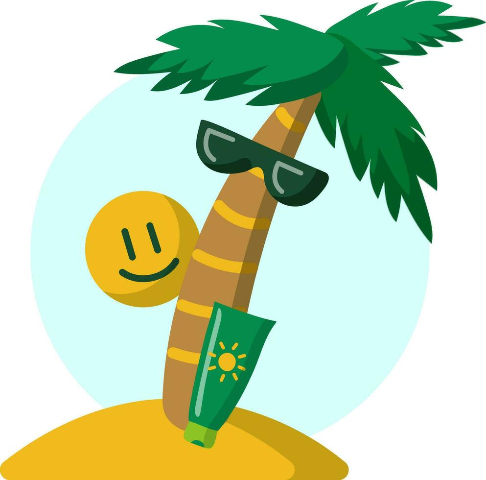 ilustração do uma Palma árvore dentro oculos de sol em a ilha. sorridente risonho. protetor solar. vetor