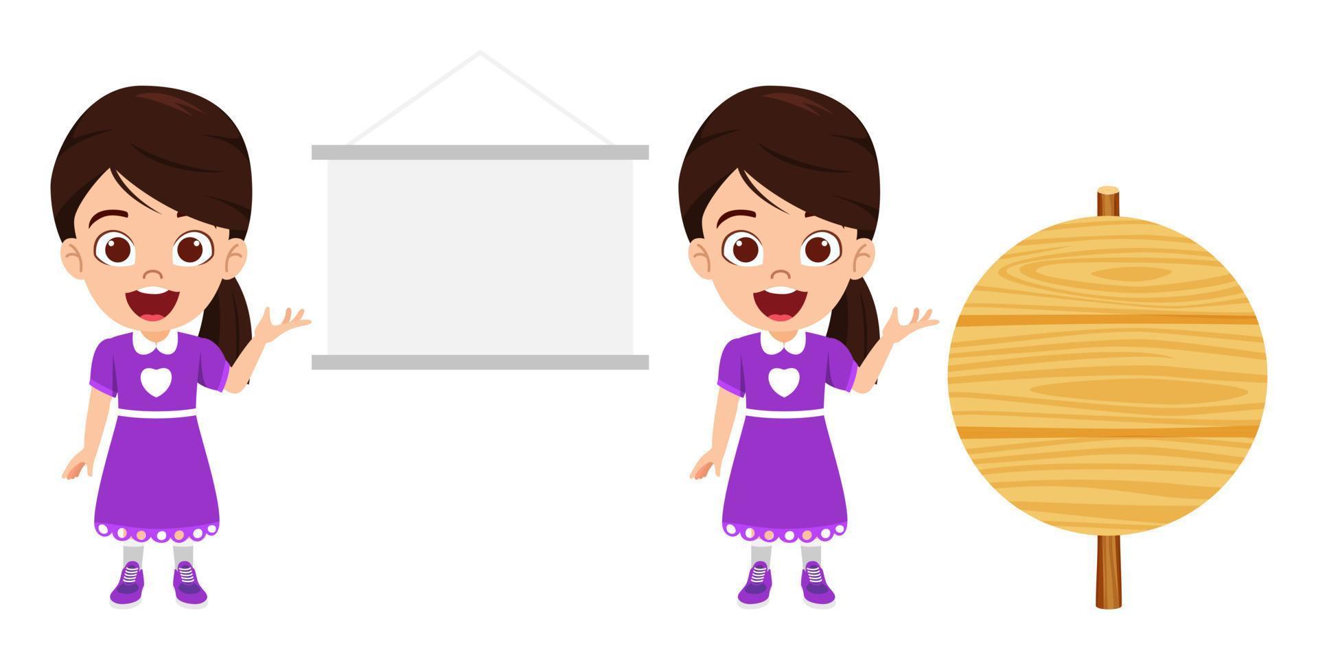 personagens de menina feliz fofa linda garota vestindo roupas lindas e apontando para uma placa de apresentação em branco e uma placa de madeira vetor