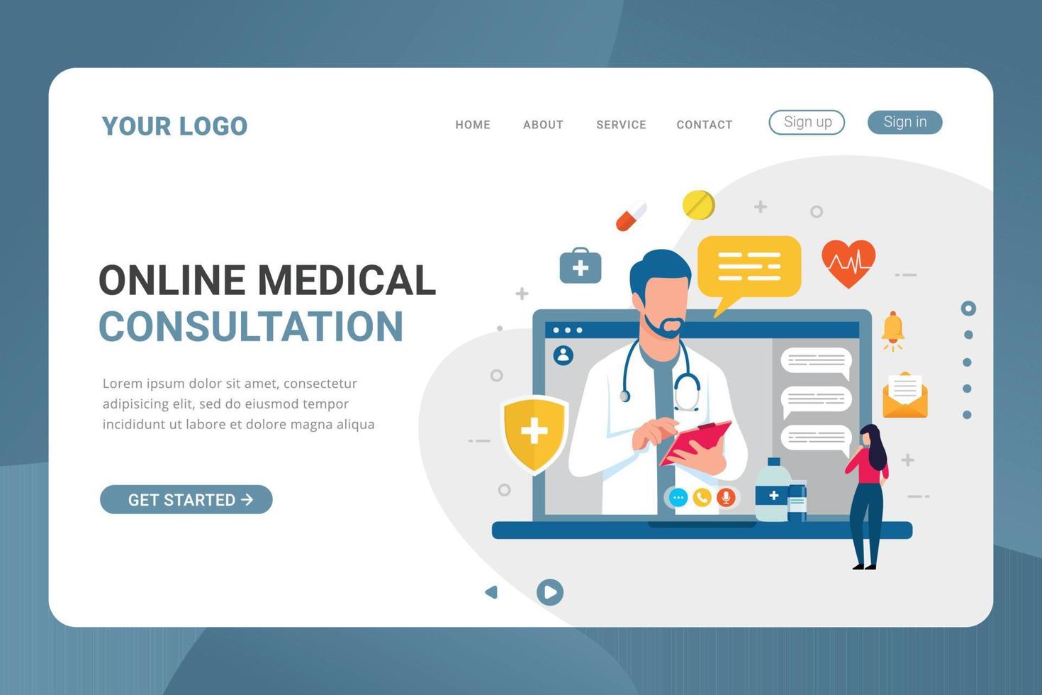 modelo de página de destino consulta médica on-line na tela do laptop vetor