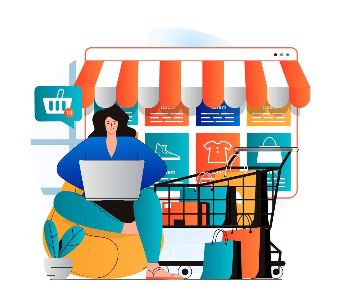 conceito de compras online em moderno design plano. mulher escolhe roupas e outros bens usando o laptop, faz pedidos e paga as compras no site da loja. compras inteligentes e comércio eletrônico. ilustração vetorial vetor