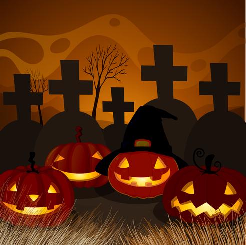 Abóbora de Halloween na noite do cemitério vetor