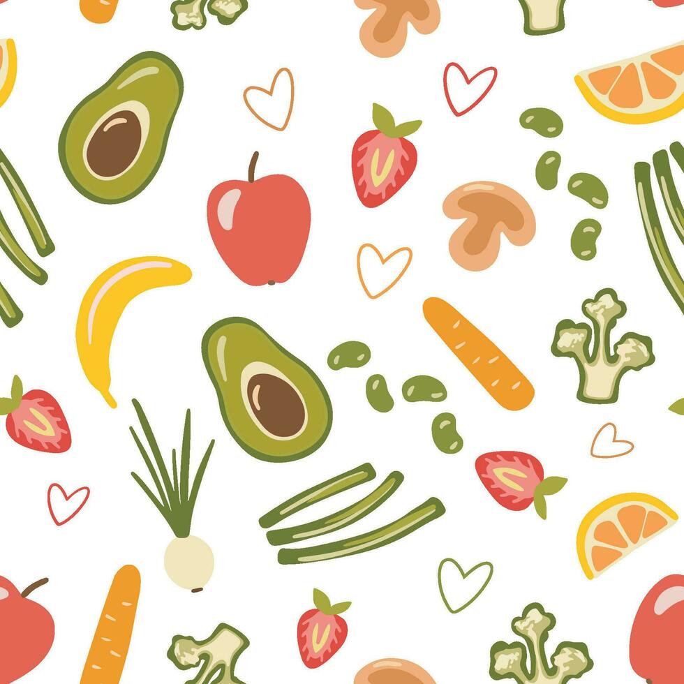 desatado padronizar com fruta e legumes dentro mão desenhado estilo. plano ilustrações isolado em branco. rabiscos maçã, brócolis, abacate. vetor