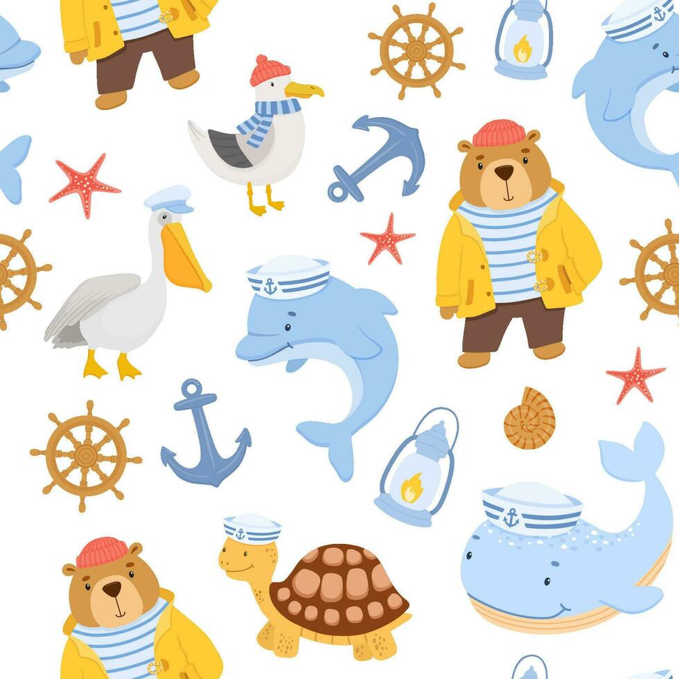 desatado infantil náutico padronizar com fofa marinheiro urso, gaivota e golfinho. engraçado vetor personagens em branco fundo