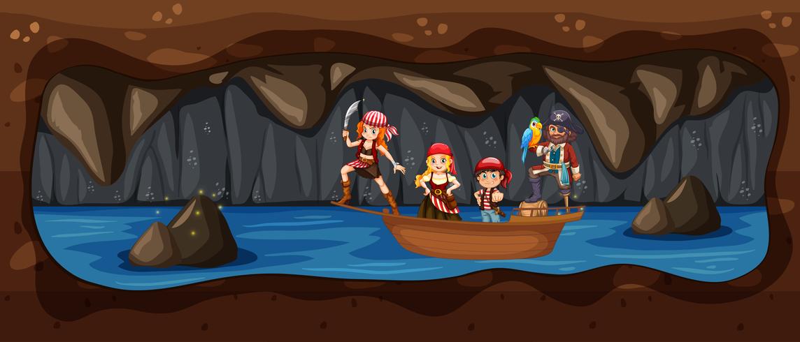 Pirata no barco no rio subterrâneo da caverna vetor