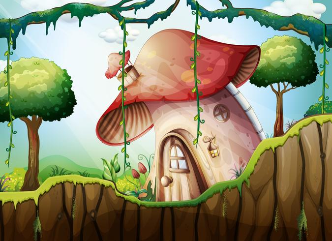 Casa de cogumelo na floresta tropical vetor