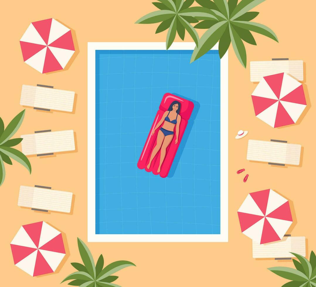 feliz mulher dentro roupa de banho flutuando em inflável colchão dentro natação piscina. relaxamento, desfrutando vida conceito. topo visualizar. verão Tempo Férias. vetor ilustração.