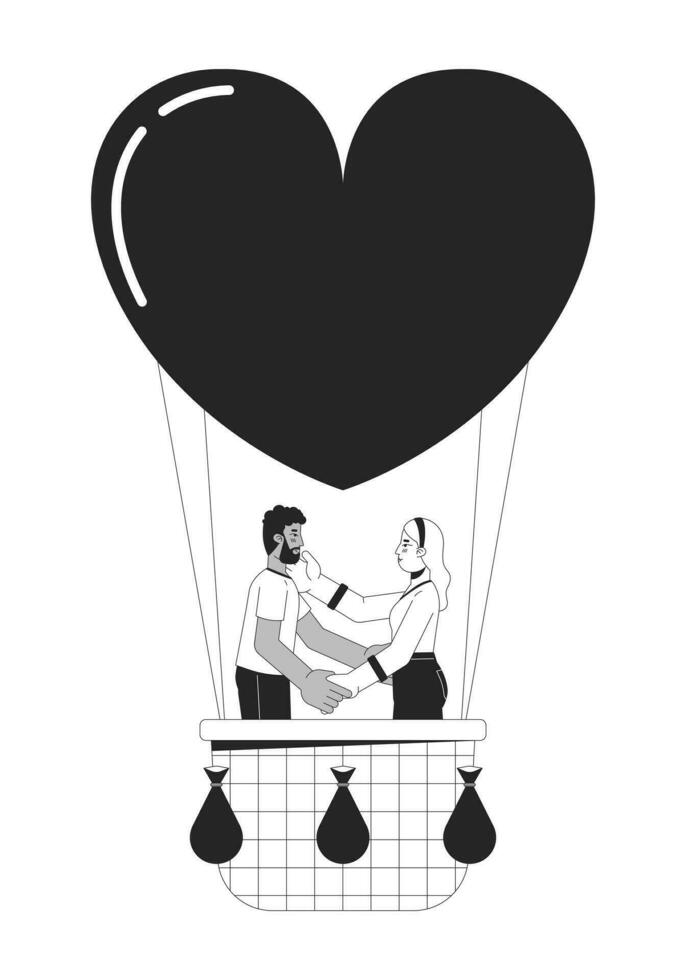 interracial casal flutuando em ar balão Preto e branco 2d linha desenho animado personagens. afetuoso namorado namorada isolado vetor esboço pessoas. balão monocromático plano local ilustração