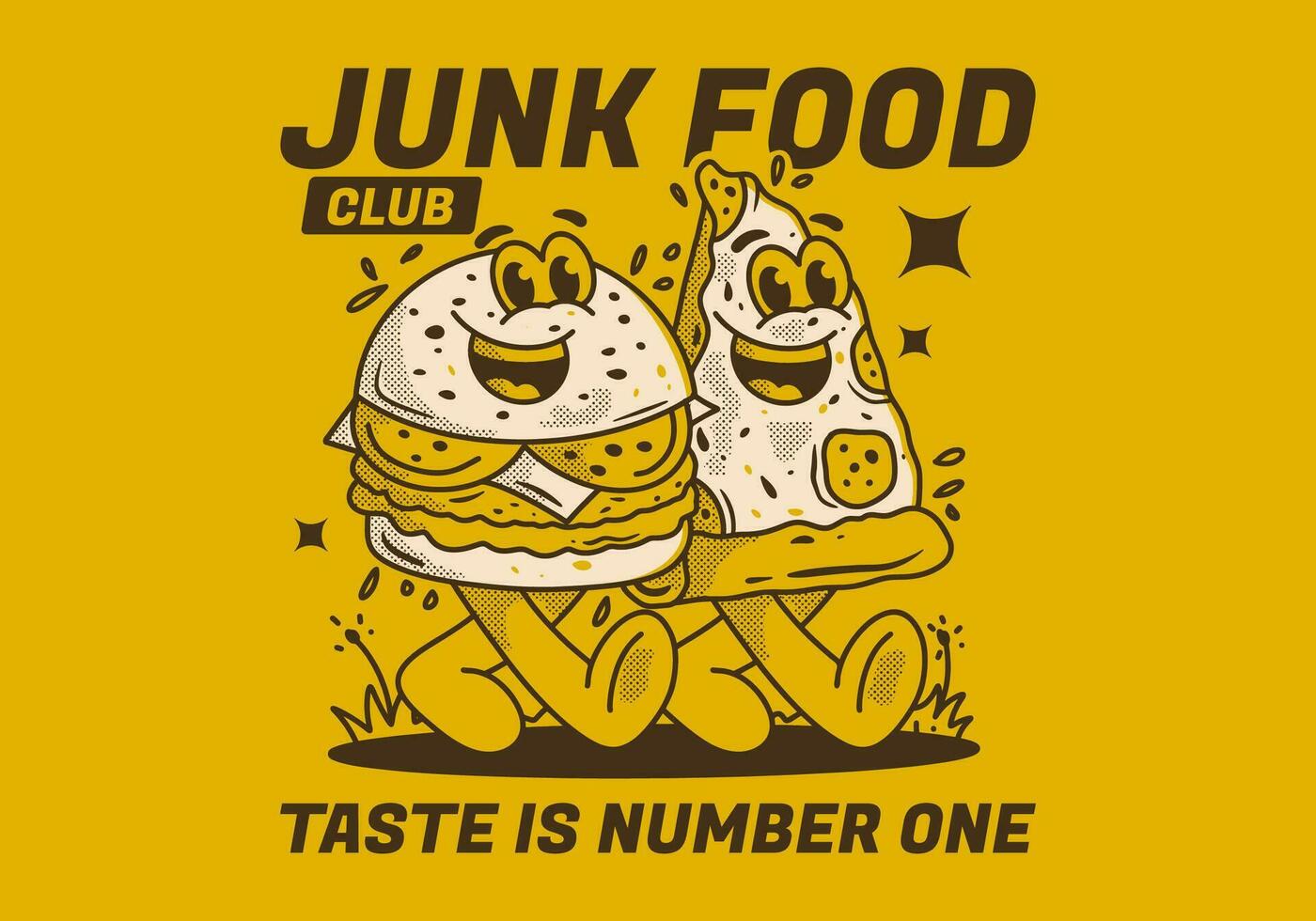 lixo Comida clube, gosto é número um. personagem ilustração do caminhando hamburguer e pizza vetor