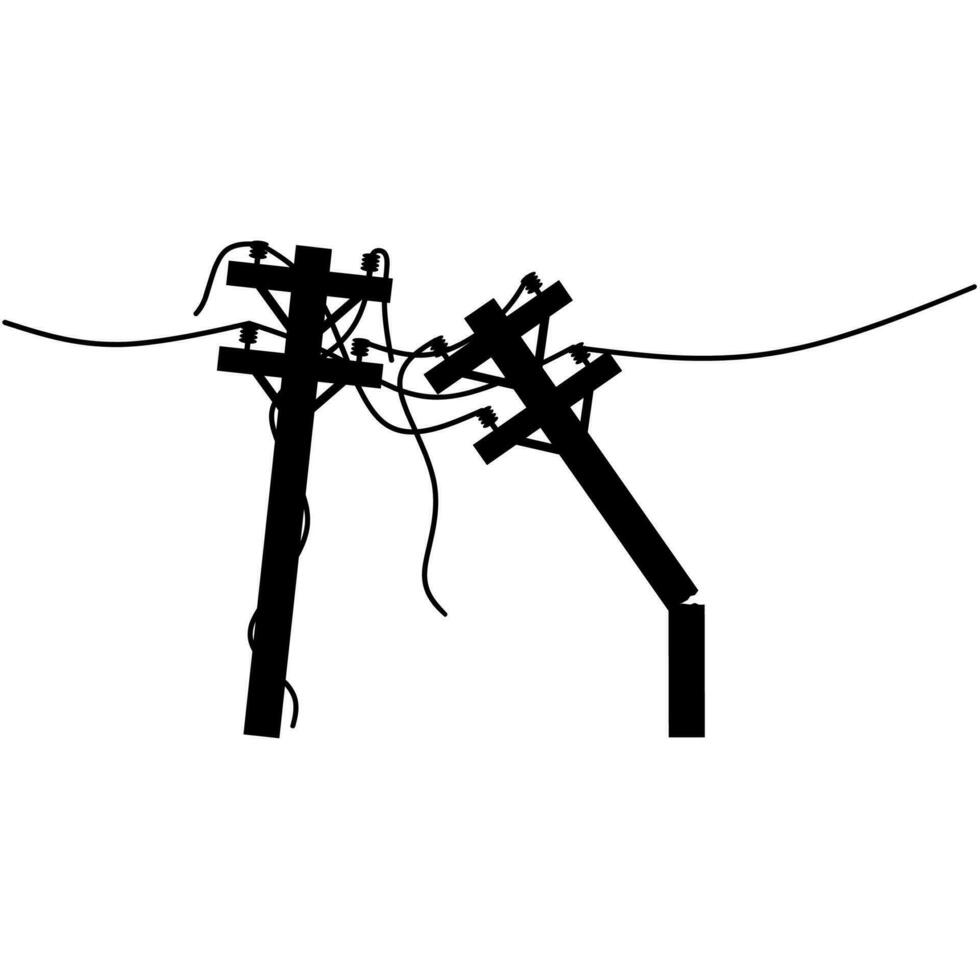 silhueta do dois estragado eletricidade postes com quebrado fios. a causas do poder interrupções estão muito perigoso. vetor ilustração.