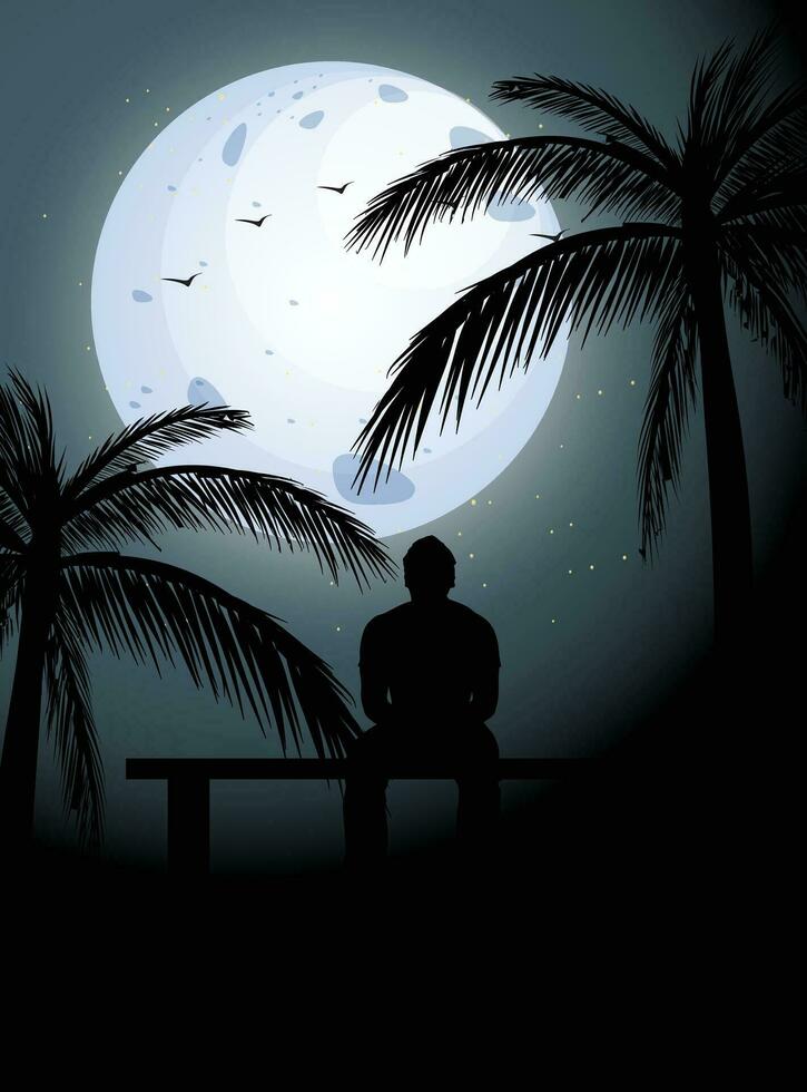 ilustração do homem assistindo lua - conceito arte do azul montanhas, luz azul nuvens, Preto homem, e branco cheio lua vetor