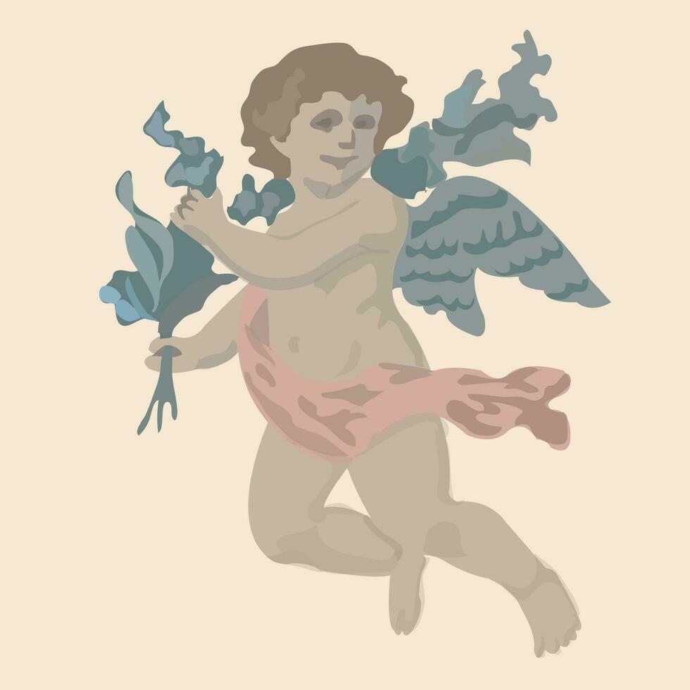 anjo ou cupido, bebê cumprimento cartão, mão desenhado vetor ilustração, vintage esboço