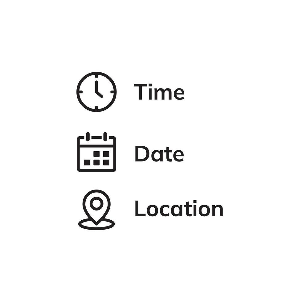 data, hora, ícone de localização em estilo simples. ilustração em vetor mensagem de evento em fundo isolado. conceito de negócio de sinal de informação.