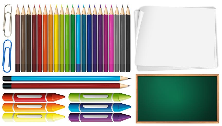 Lápis de cor e lápis de cor conjunto com papéis vetor