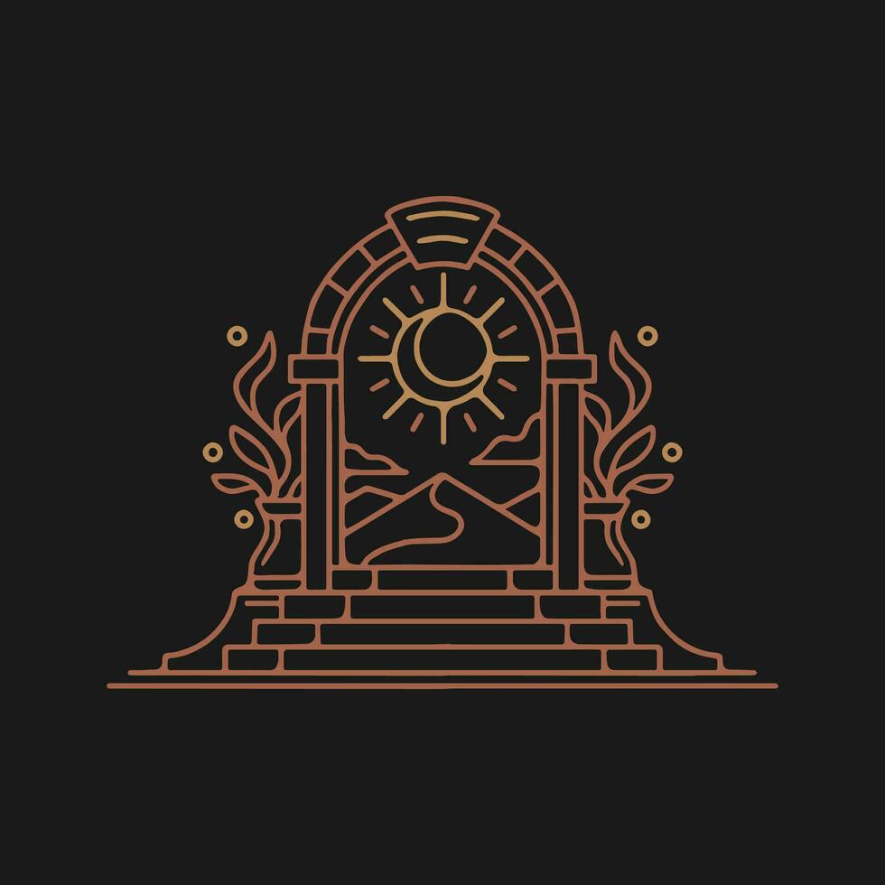 logotipo da porta do sol místico, entrada de arquitetura de arco antigo e ícone de escada, com porta, janela e palmeiras em estilo boho estético contemporâneo vetor