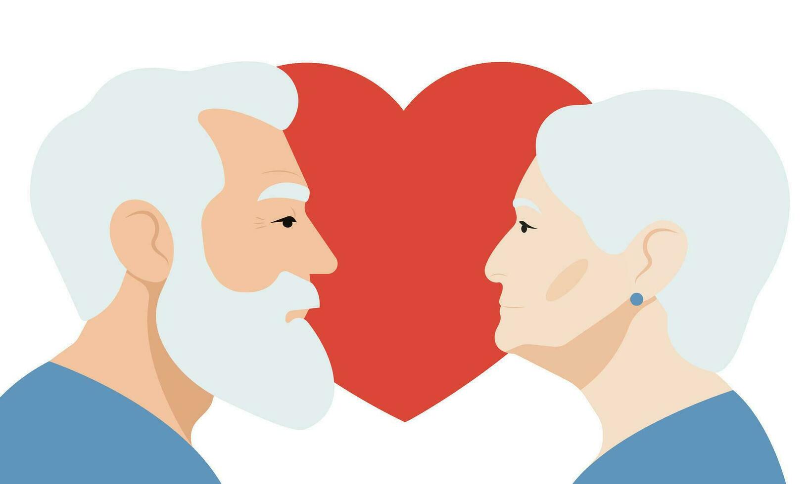idosos casal olhando às cada outro. perfil retratos do velho pessoas com cinzento cabelo. coração forma fundo. vetor