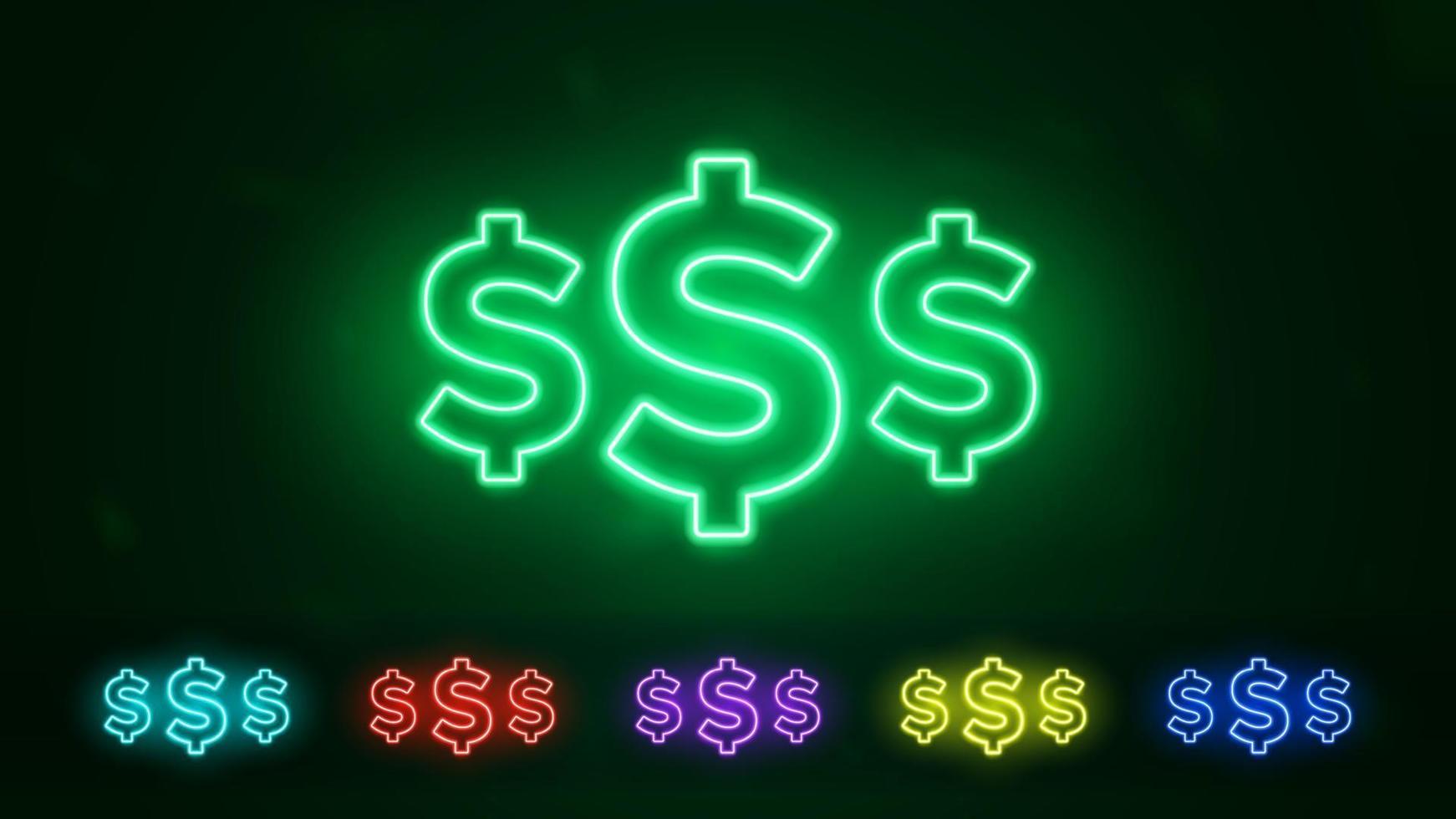 sinal de néon do dólar. conjunto de cifrão de néon brilhante. ilustração vetorial no estilo neon. vetor