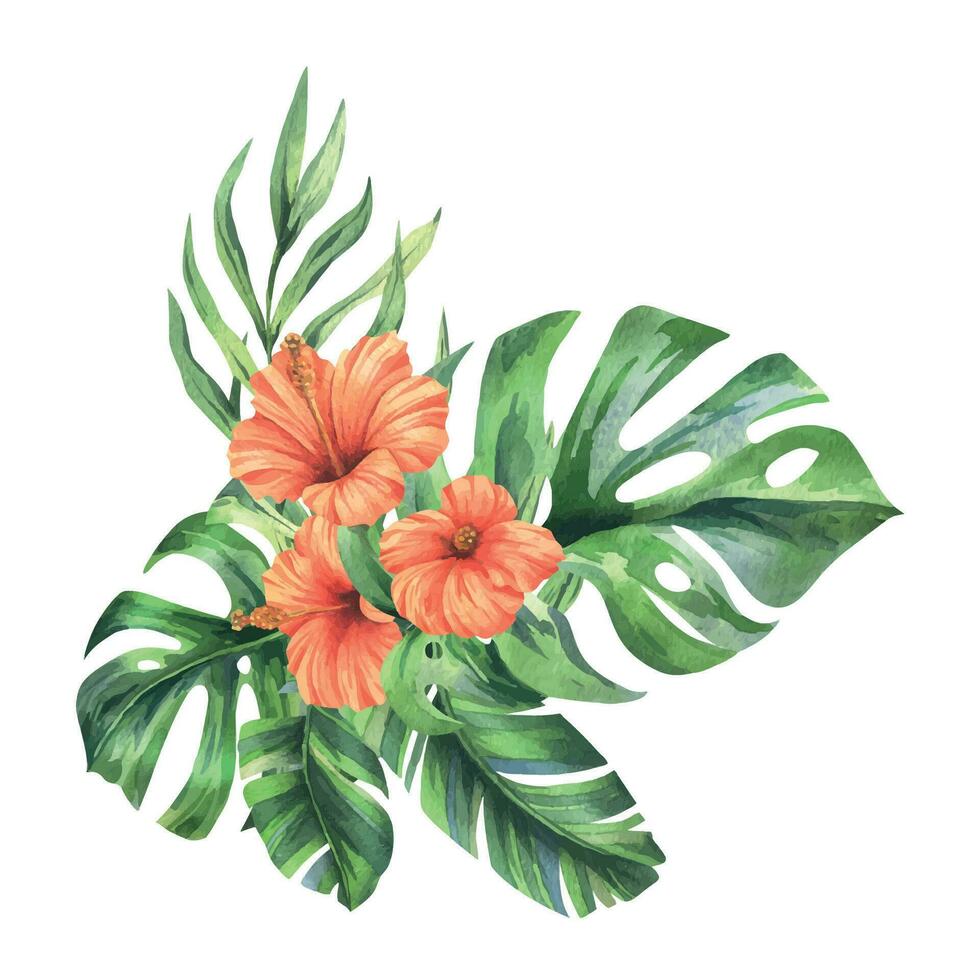 tropical Palma folhas, monstera e flores do vermelho hibisco, brilhante suculento. mão desenhado aguarela botânico ilustração. isolado composição em uma branco fundo vetor