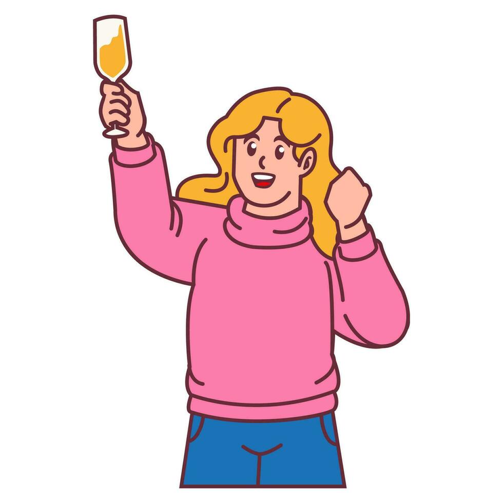 uma mulher a comemorar festa e segurando vidro do champanhe vetor