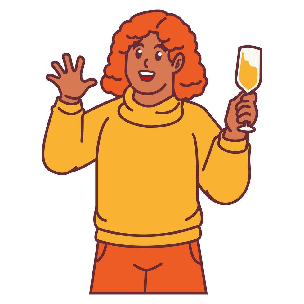 uma mulher a comemorar festa e segurando vidro do champanhe vetor