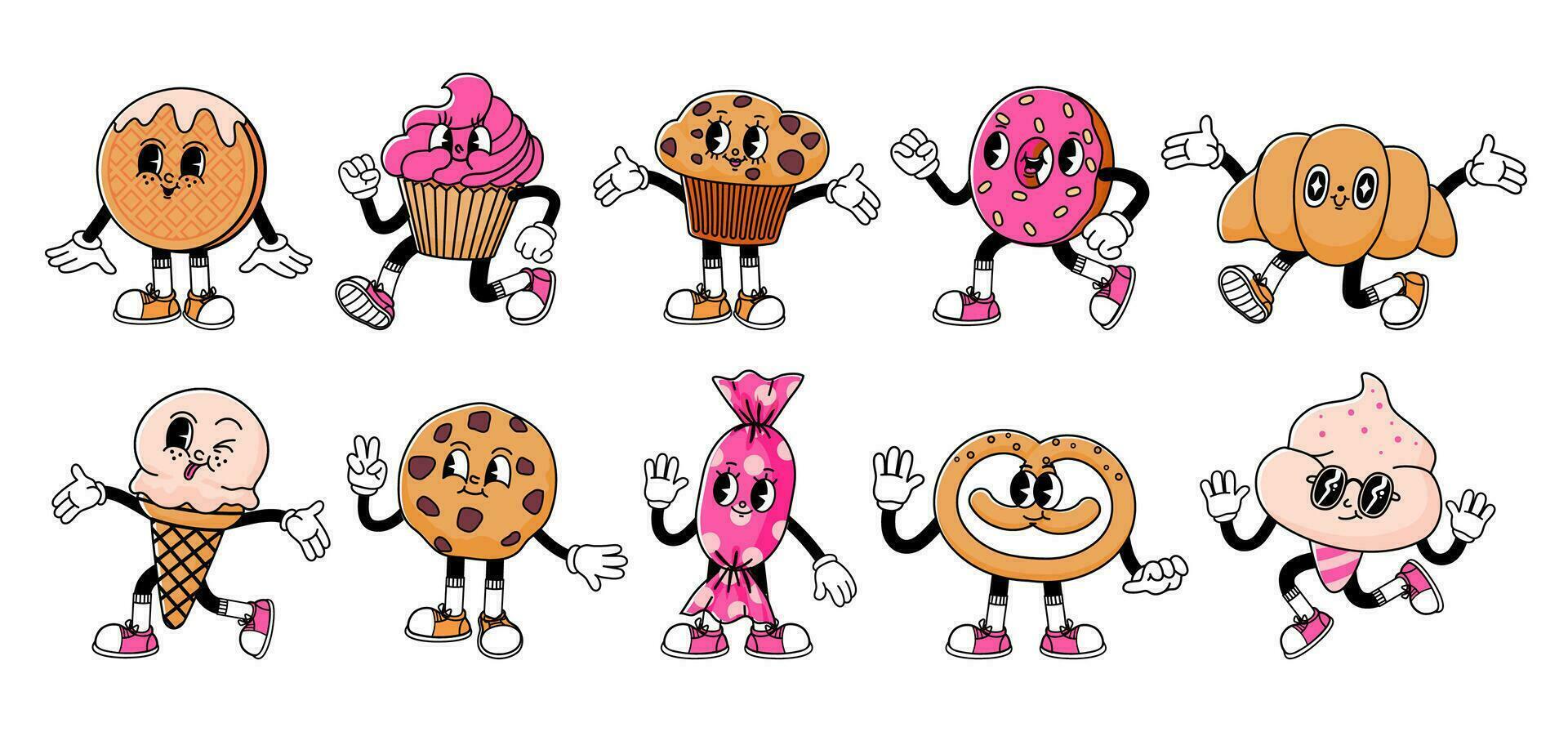 retro sobremesa personagem. fofa desenho animado mascote doces, sorrir caminhando doce comida, engraçado face gelo creme, vintage Bolinho, rosquinha e bolacha, padaria personagens vetor conjunto