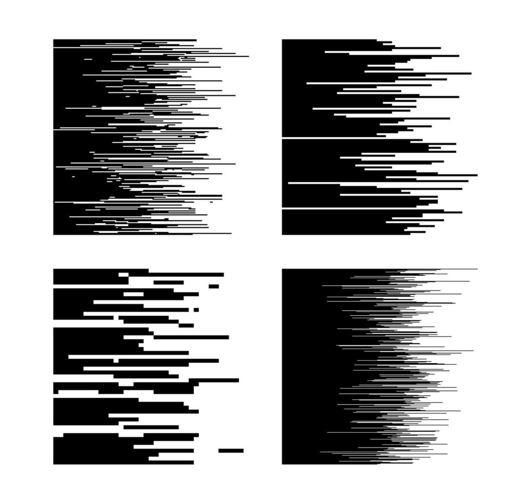 Rapidez linhas. linha gradiente padrões, horizontal branco e Preto movimento gráfico. monocromático abstrato meio-tom pixel textura, quadrinho livro efeito vetor conjunto