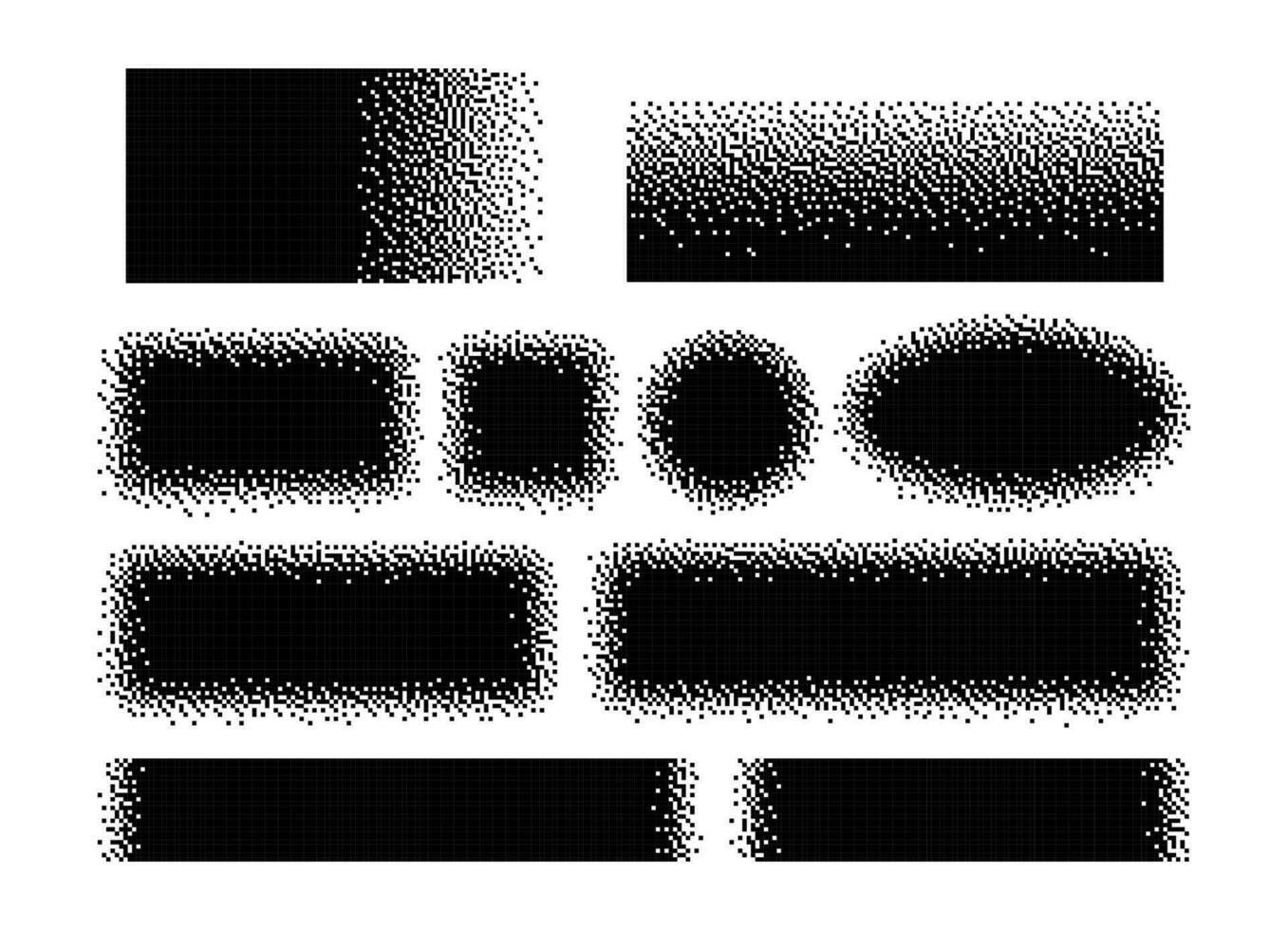 pixel bandeiras. digital pixelizada cabeçalho Tag. quadrado, círculo e retângulo, elipse com pixelização desvaneça efeito. grunge pixel vetor gradiente textura