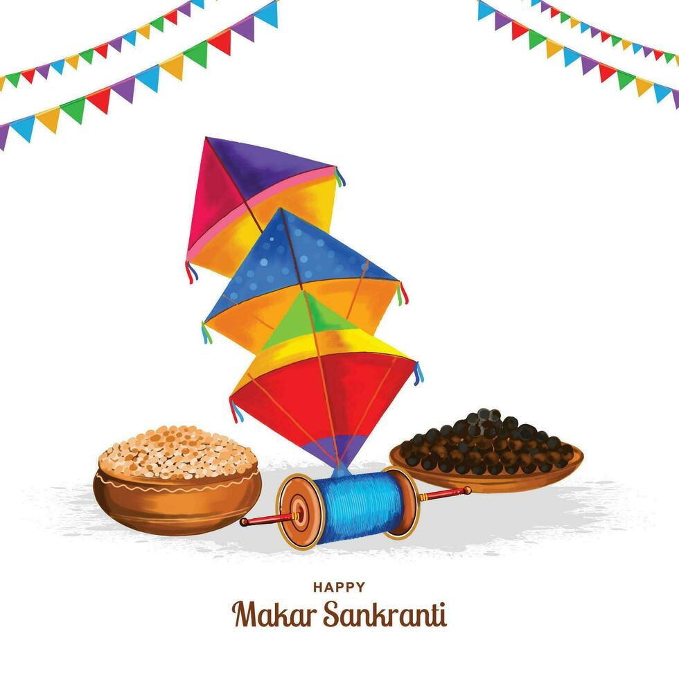 Makar Sankranti celebração com colorida pipas cartão fundo vetor