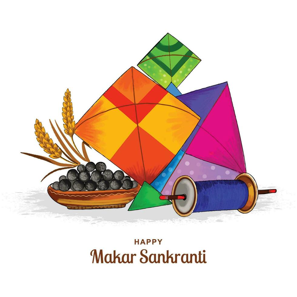 feliz Makar Sankranti festival fundo decorado com pipas Projeto vetor