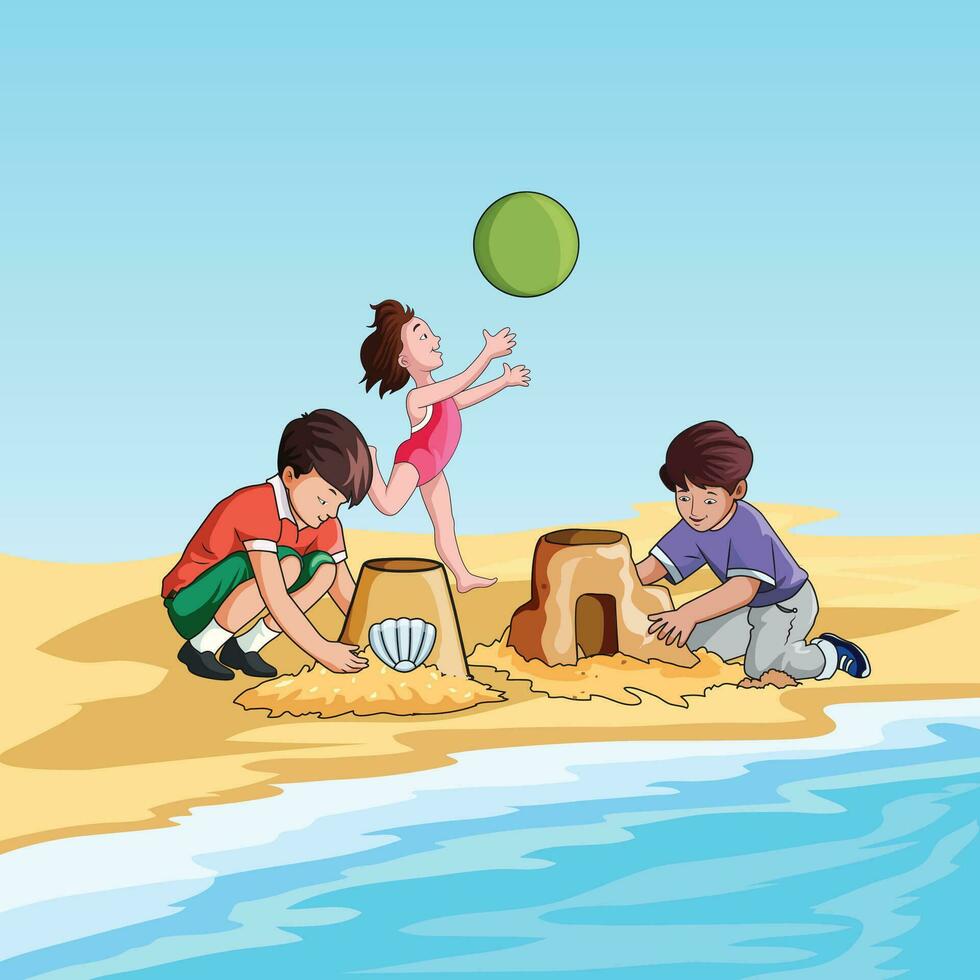 feliz crianças jogando em de praia e fazer castelos de areia vetor