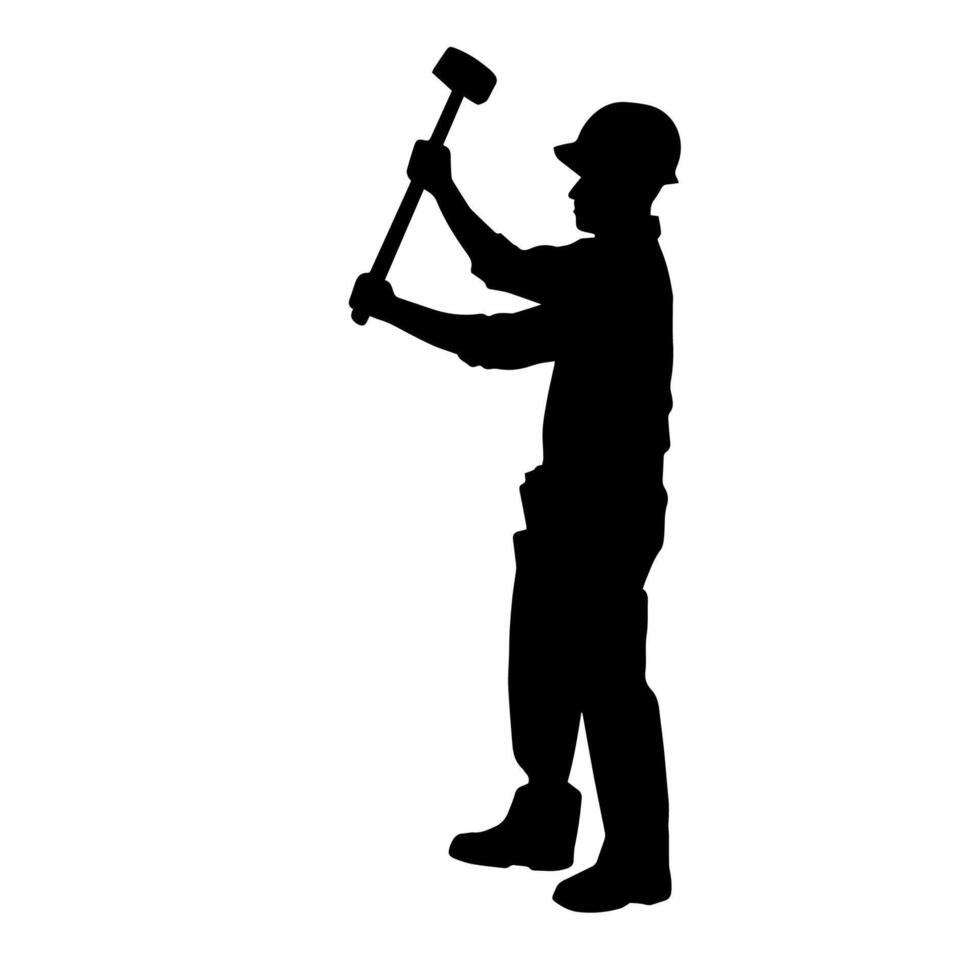 silhueta do uma trabalhador dentro açao pose usando dele trenó martelo ferramenta. vetor