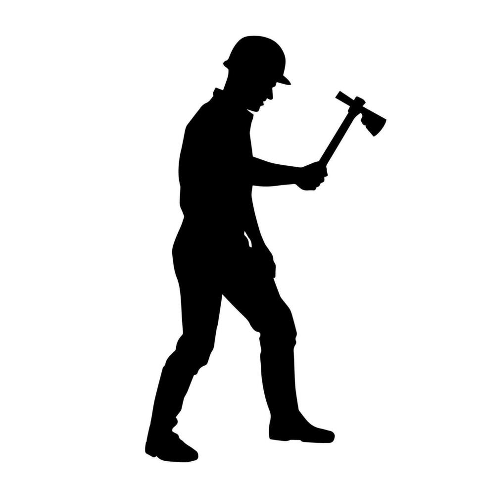 silhueta do uma trabalhador dentro açao pose usando dele Machado ferramenta. vetor