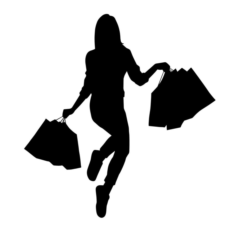silhueta do uma fino jovem mulher carregando compras bolsas. vetor