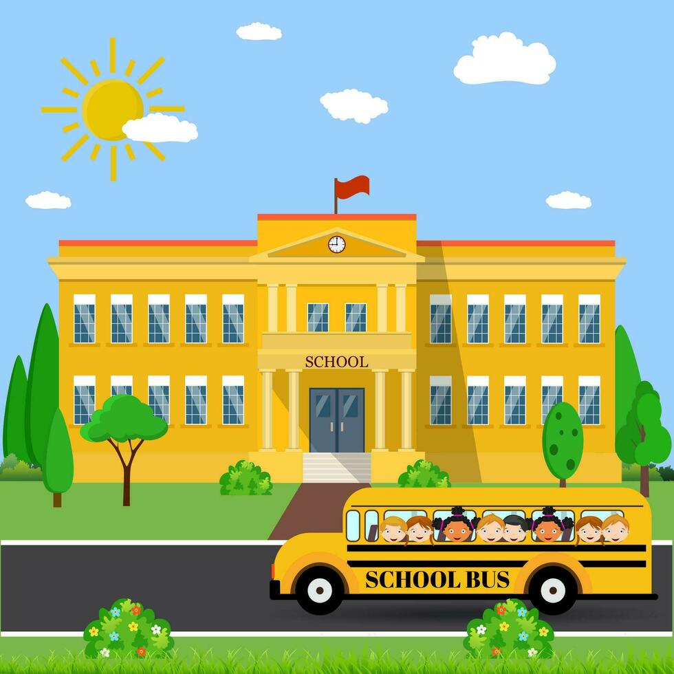 prédio escolar e ônibus vetor