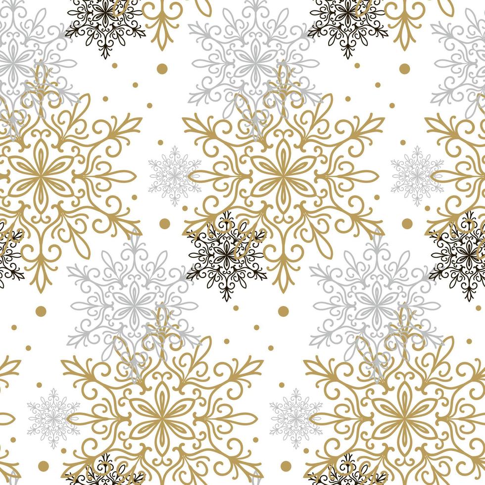 padrão sem emenda com flocos de neve ouro, preto e cinza, isolado no fundo branco. design de natal. pode ser usado para papel de embrulho de presente, estampas, tecidos, têxteis, web design vetor