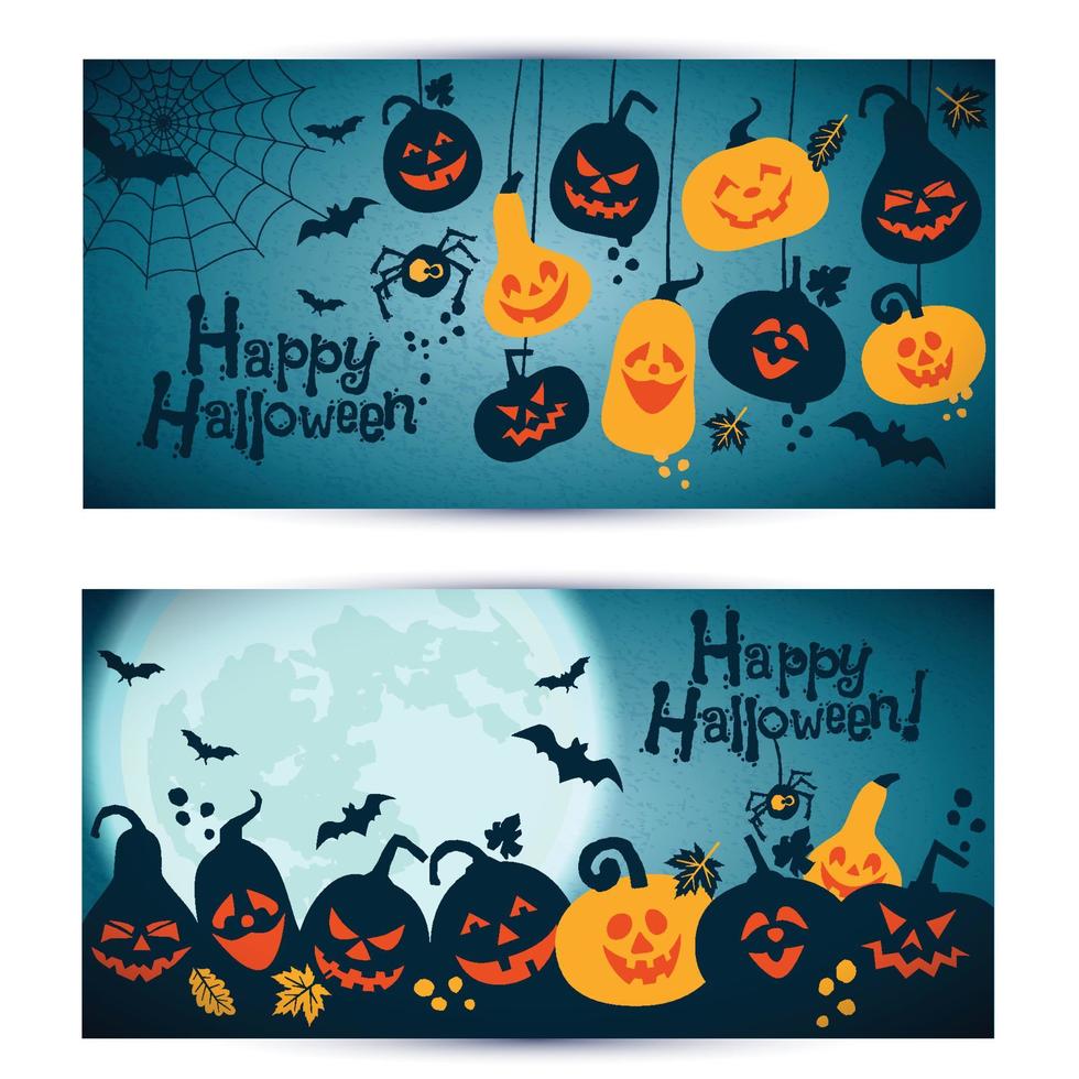 fundo de halloween de abóboras alegres com lua. conjunto de banners vetor