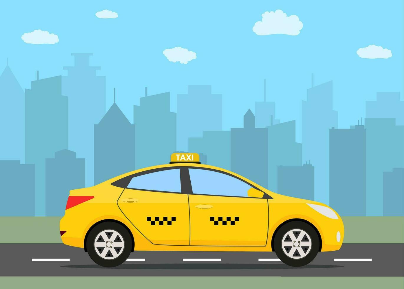 amarelo Táxi carro dentro frente do cidade silhueta vetor