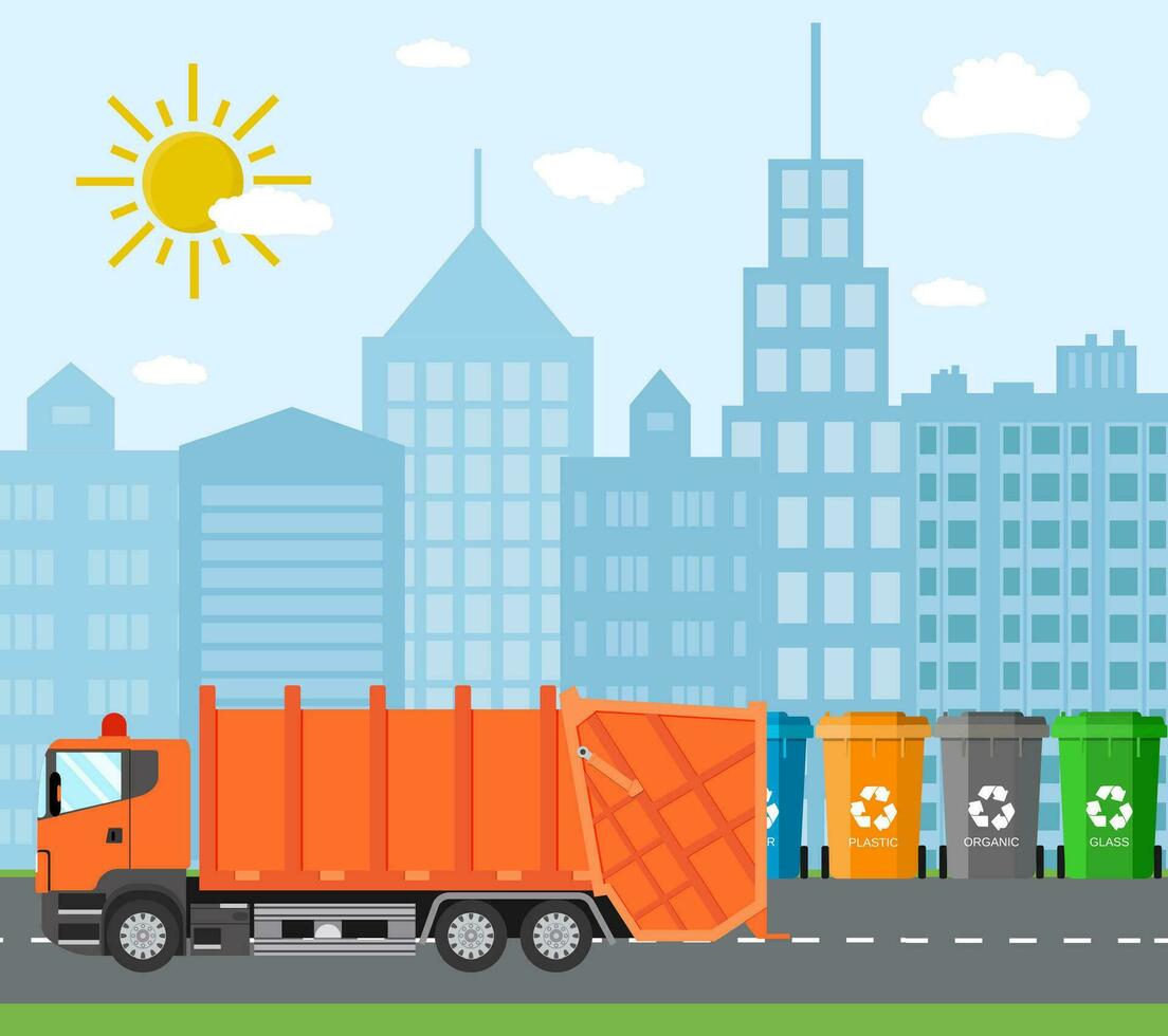 cidade desperdício reciclando conceito com lixo caminhão vetor