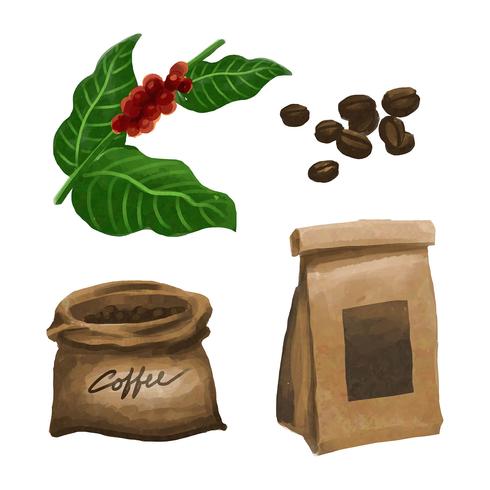 Conjunto de Clipart de elementos de café em aquarela vetor