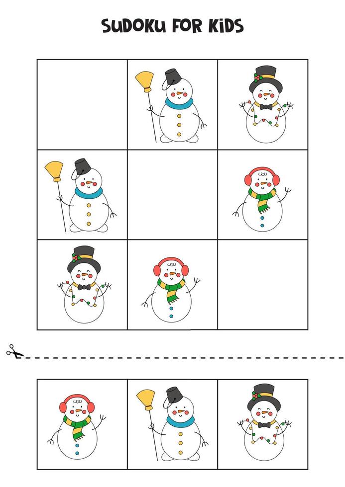 jogo de sudoku para crianças com bonecos de neve bonitos dos desenhos animados. vetor