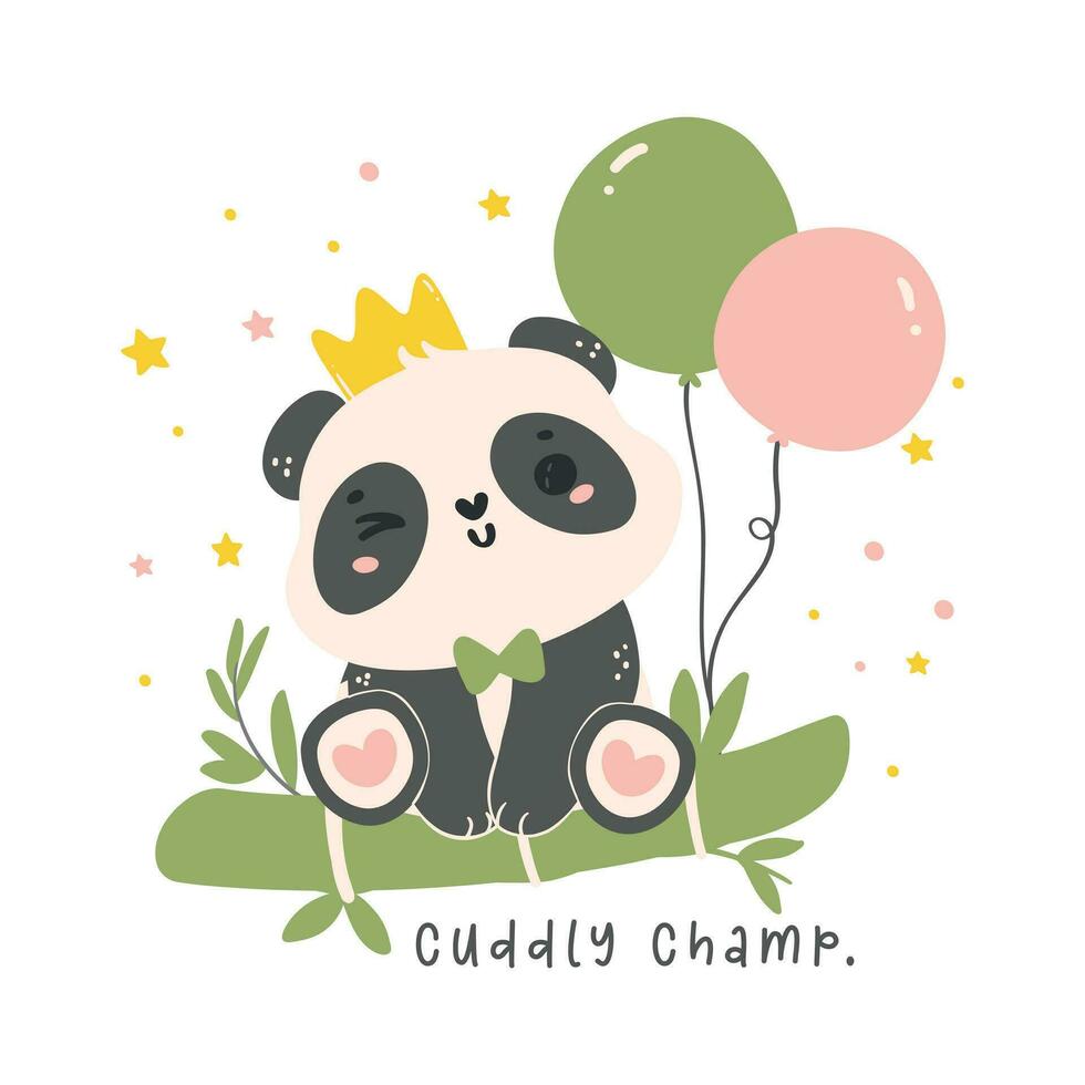 adorável desenho animado panda com bambu e balões, berçário bebê chuveiro criança ilustração. vetor