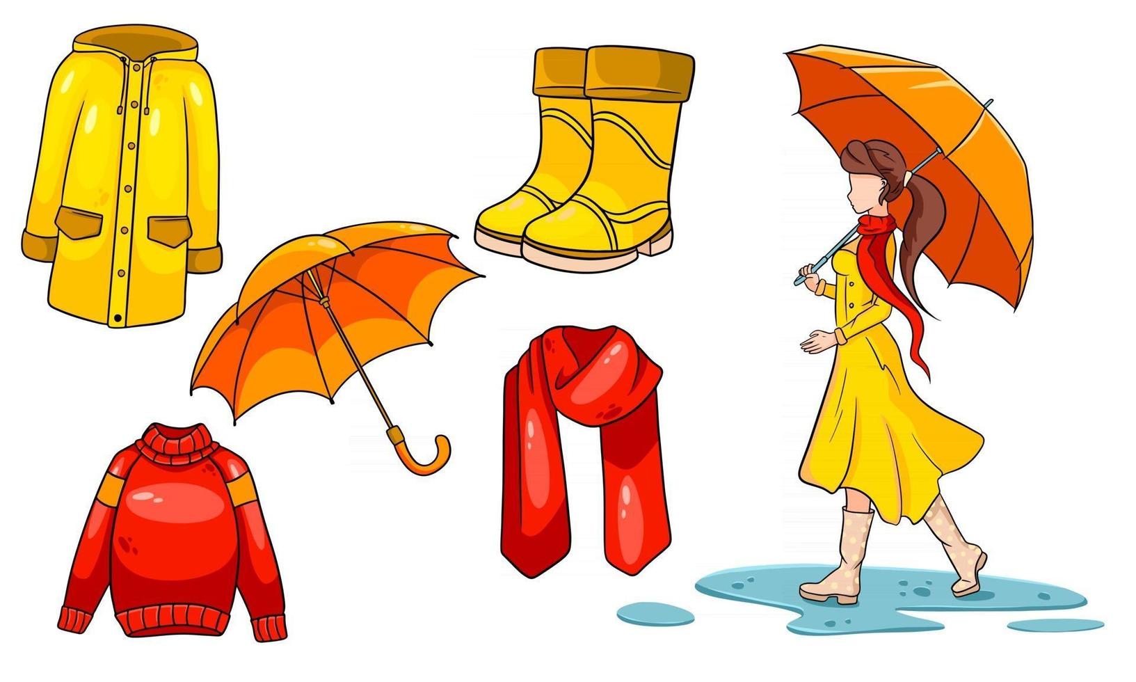 conjunto de outono. menina com guarda-chuva, lenço, capa de chuva, suéter, botas de borracha, guarda-chuva. . vetor