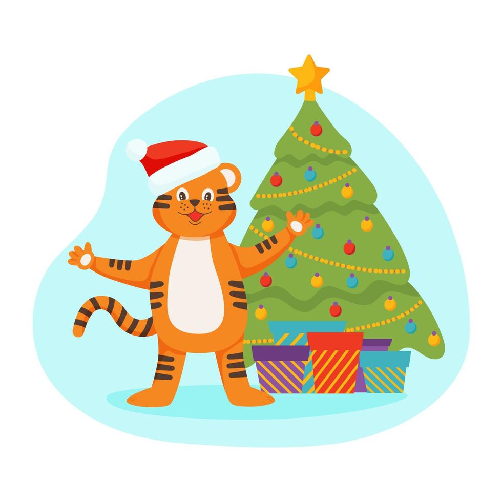 o personagem é um filhote de tigre com um chapéu de Papai Noel perto de uma árvore de Natal com presentes. ilustração vetorial plana dos desenhos animados vetor