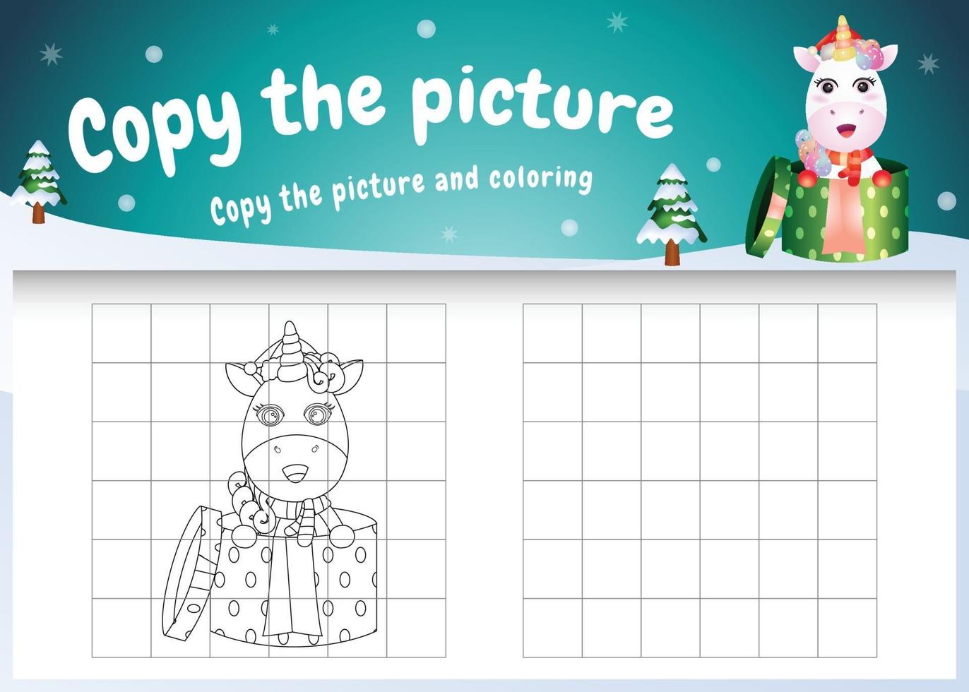 copie o jogo de imagem para crianças e a página para colorir com um unicórnio fofo usando fantasia de natal vetor