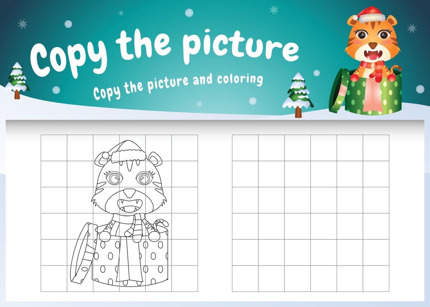 copie o jogo de imagens para crianças e a página para colorir com um tigre fofo usando uma fantasia de natal vetor