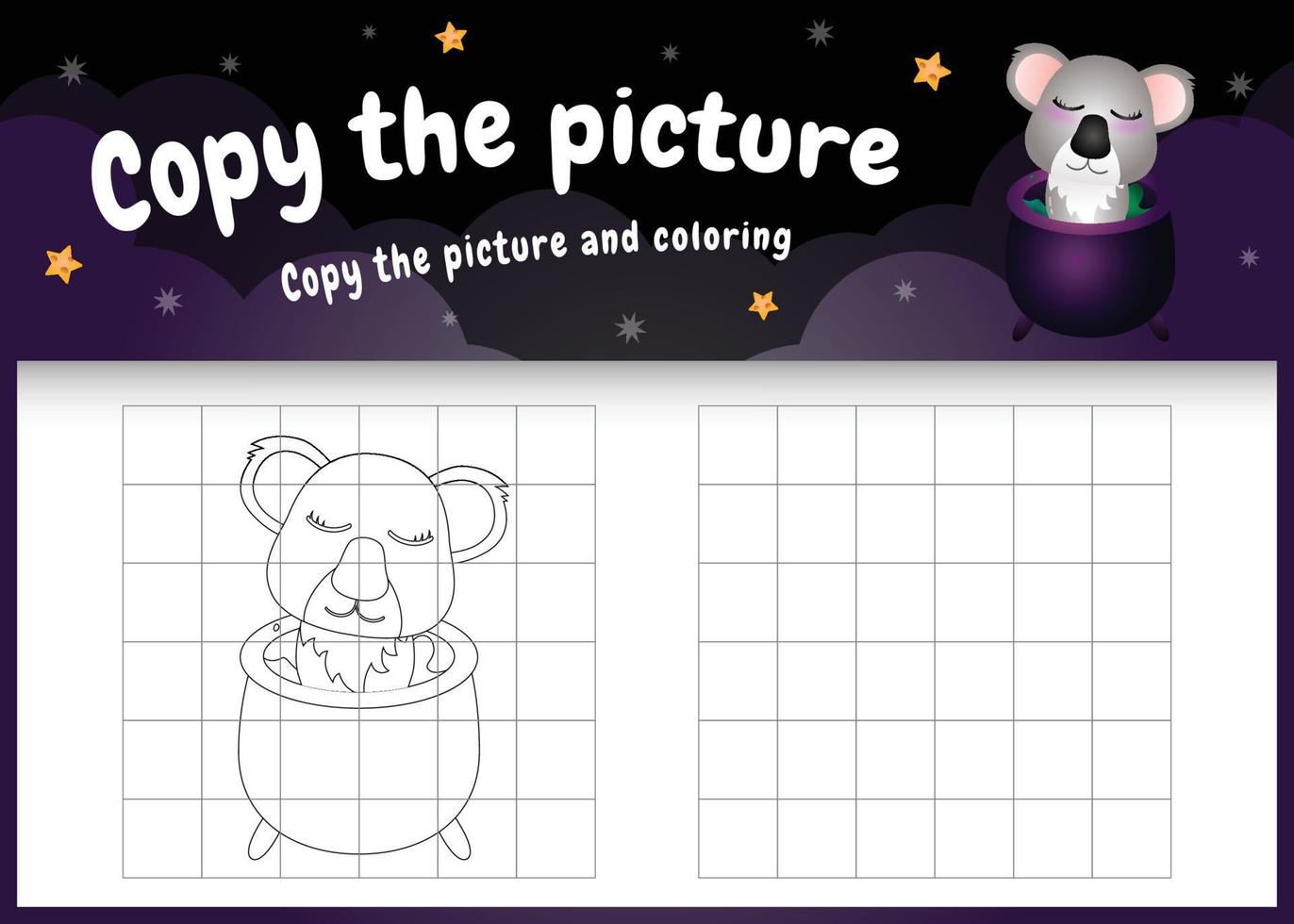 copie o jogo de imagens para crianças e a página para colorir com um coala fofo usando fantasia de halloween vetor