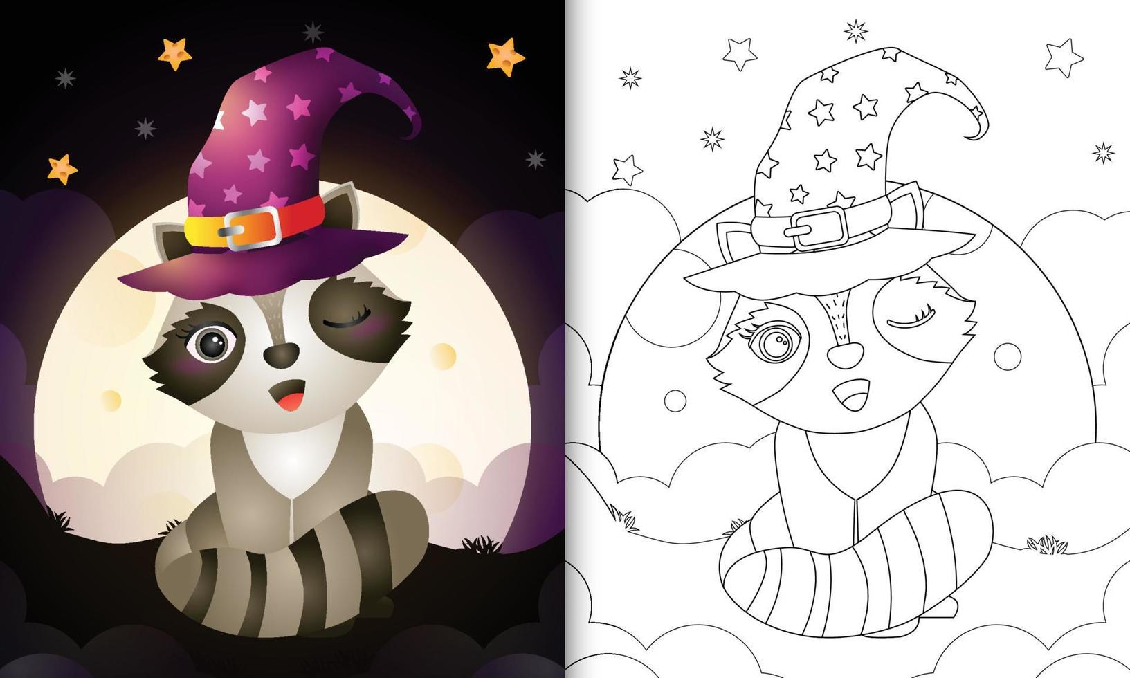 livro para colorir com um bonito desenho animado do halloween bruxa guaxinim na frente da lua vetor