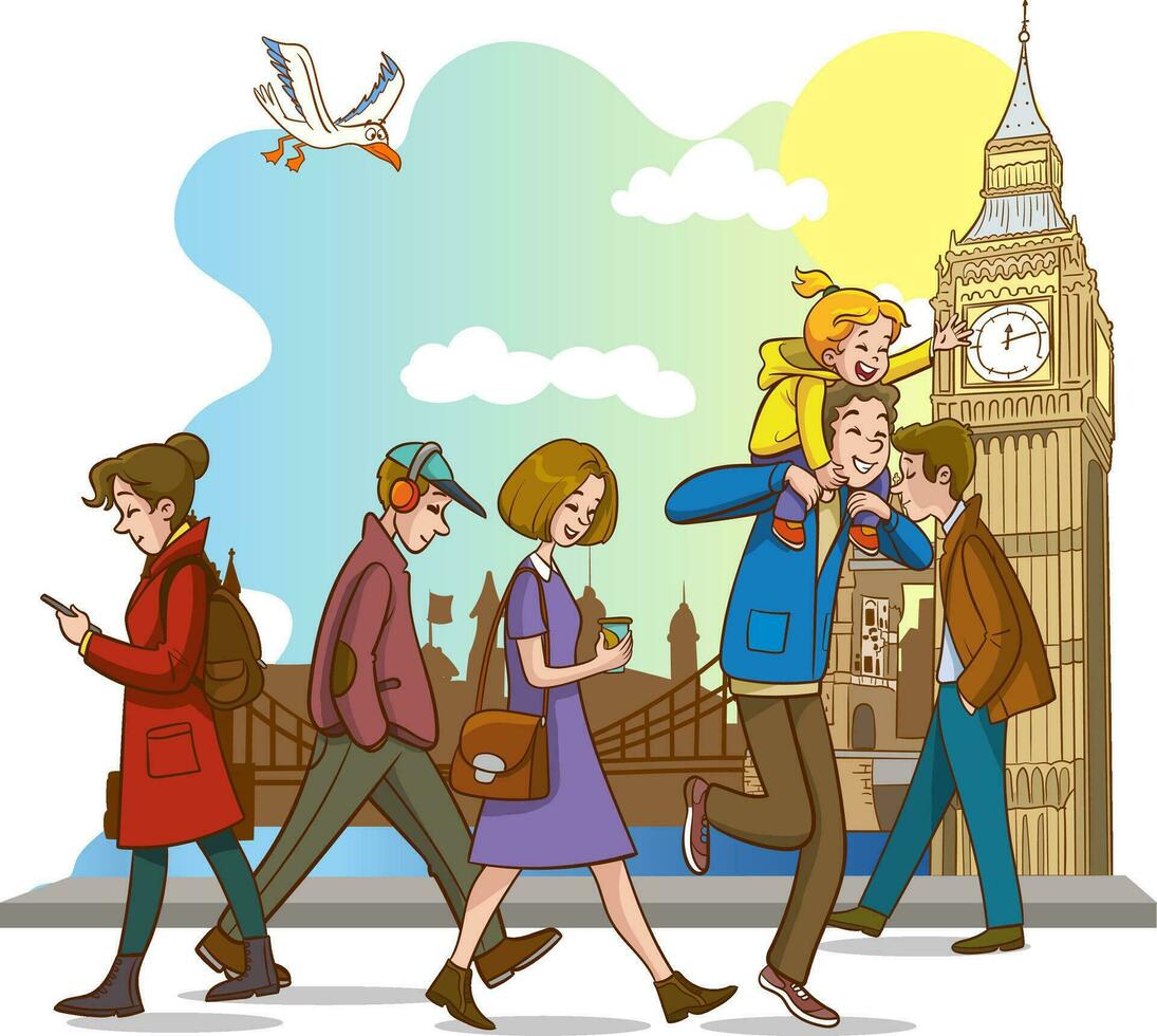 vetor ilustração do Inglês pessoas caminhando em a rua