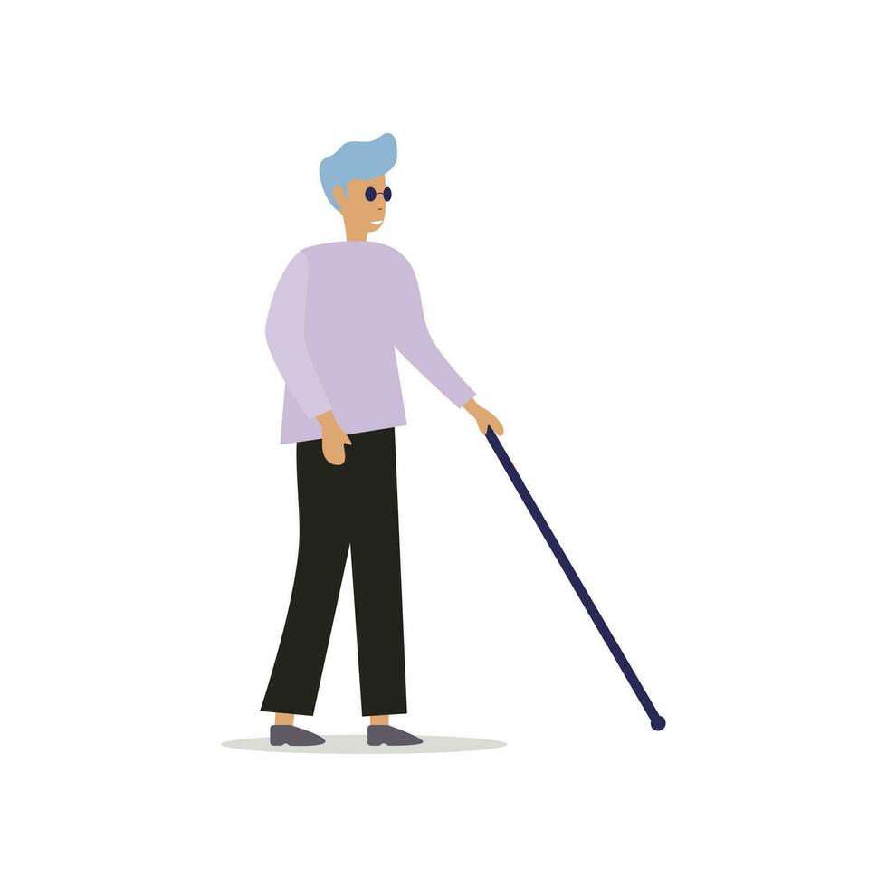 cego homem com bastão e Preto óculos. vetor cego pessoa, Desativado andando, deficiente e incapacidade ilustração