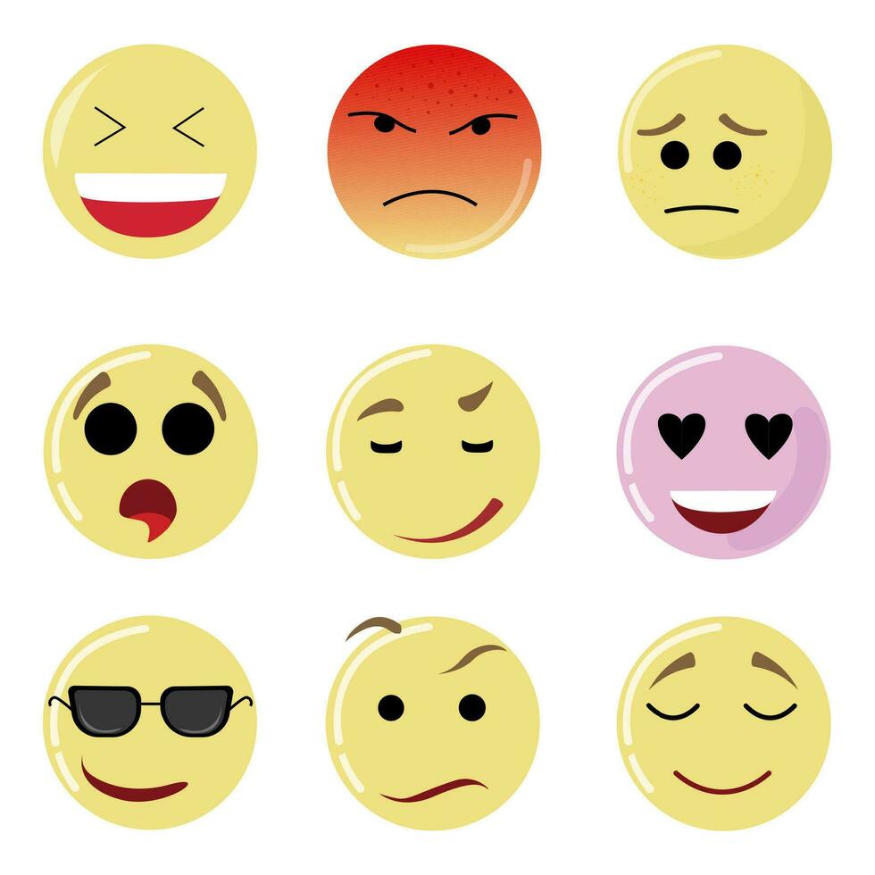 sorrir conjunto face, feliz amarelo emoção, emoticon expressão. vetor emoji humor triste, facial felicidade rir, mensagem social, rede, conversando Mensagens emocional opinião, ilustração risonho para bate-papo