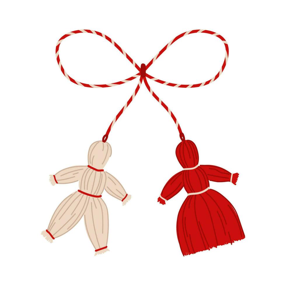 a ilustração do uma vermelho e branco martisor. Moldávia, romênia e Bulgária símbolo do Primavera. rabisco feito à mão bonecas. vetor